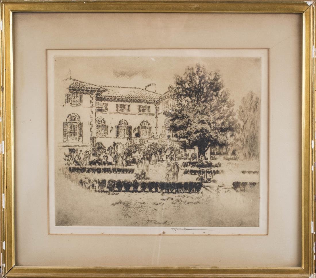 Joseph Pennell (American, 1857-1926): Home Facade. Etching on paper. Signed (l.c.). Sight size 10 1/2 x 13 inches. Matted and framed. Notice to bidders: Condition reports and additional photographs are provided by request as a courtesy to