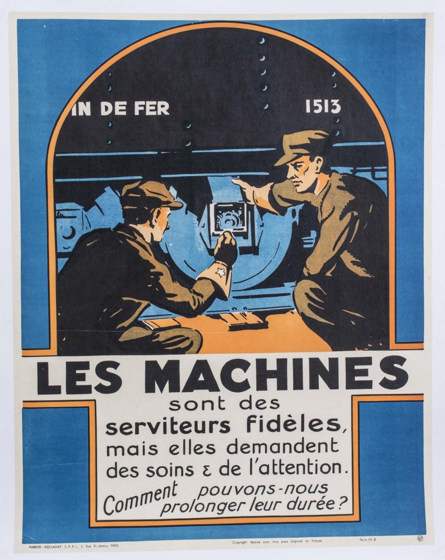 French School (20th Century): Les Machines sont des Serviteurs. Color lithograph poster, circa 1930. Poster size 27 7/8 x 21 7/8 inches. Unframed, mounted on linen. Notice to bidders: Condition reports and additional photographs a