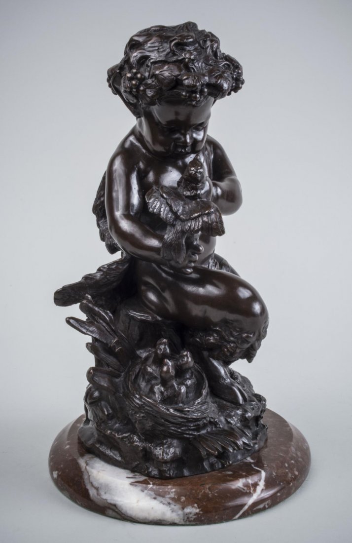 Continental School (19th Century): Satyr with birds. Patinated bronze on marble base. Height 13 inches (with base). Notice to bidders: Condition reports and additional photographs are provided by request as a courtesy to our clients, a