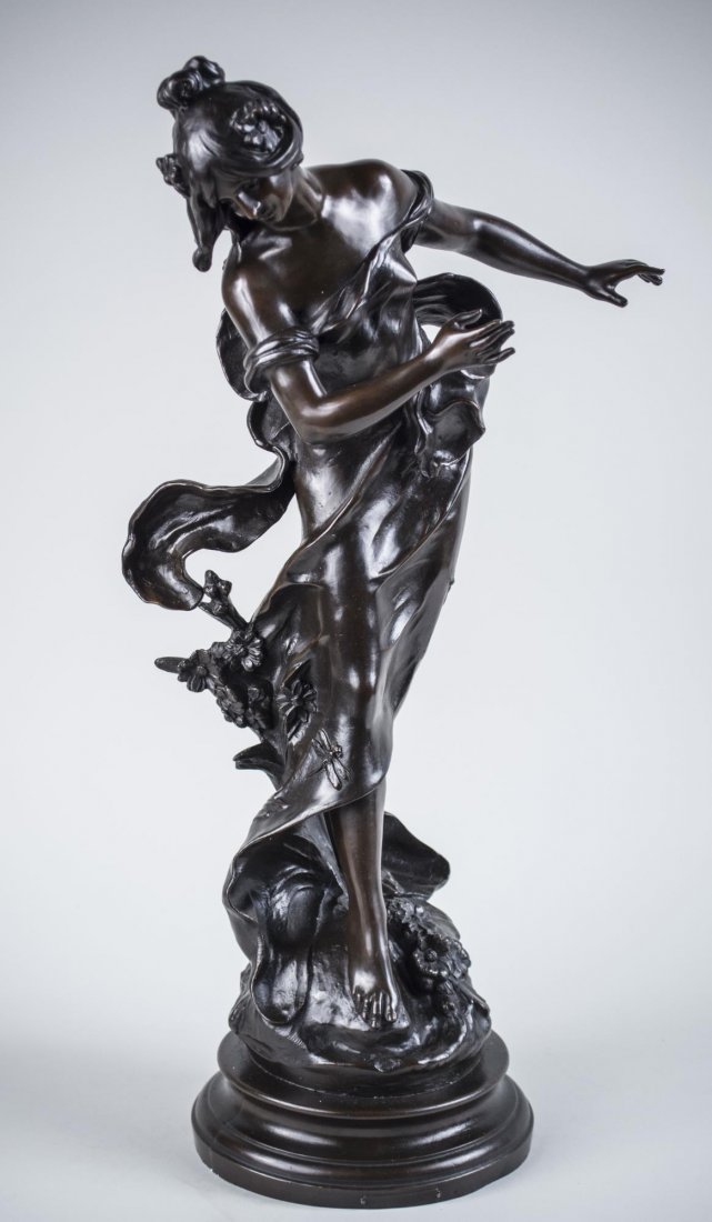 Attributed to Mathurin Moreau (French, 1822–1912): Libellule. Patinated Bronze. Titled (on placard), signed illegibly. Height 24 inches. Notice to bidders: Condition reports and additional photographs are provided by request as a courtesy to our clien