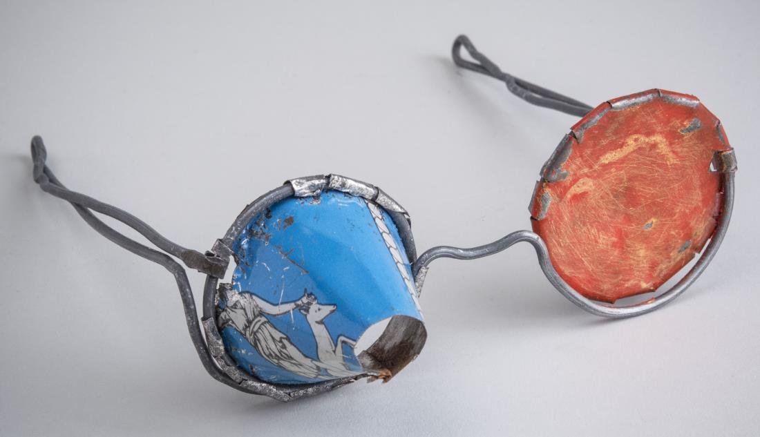 June Leaf (American, b. 1929): Spectacles. Metal assemblage. Length 7 3/4 inches, width 6 inches, height 2 1/4 inches. Notice to bidders: Condition reports and additional photographs are provided by request as a courtesy to our cli