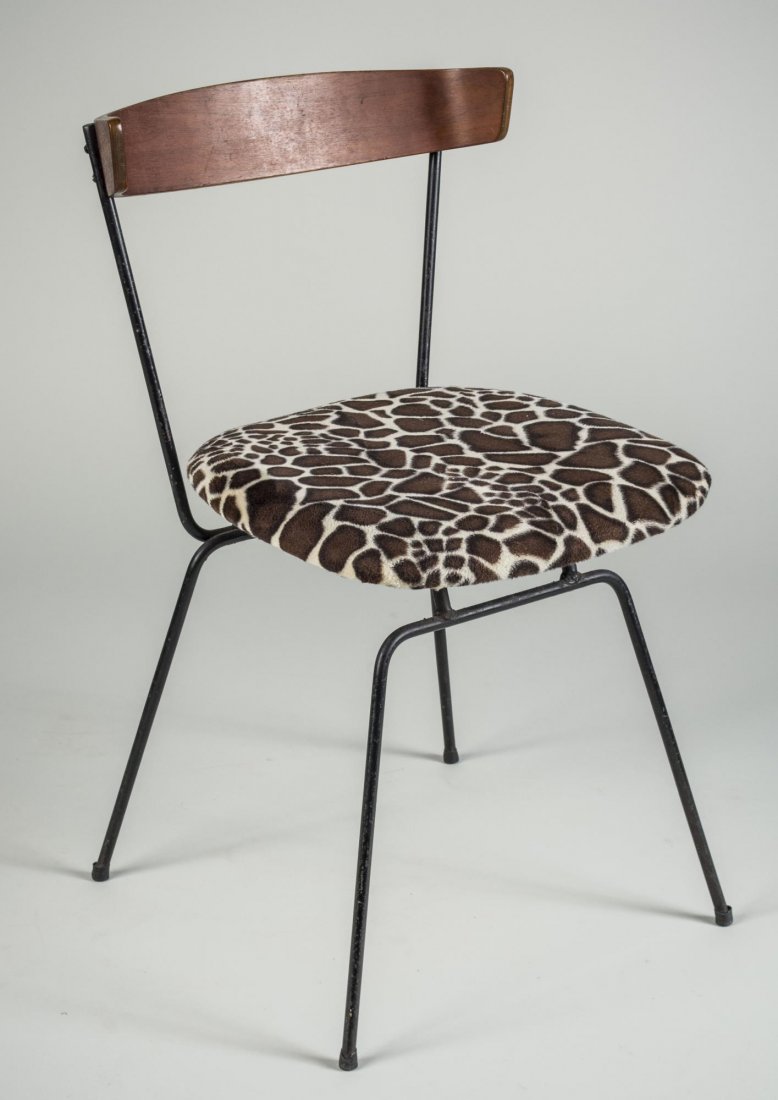 Paul McCobb Side Chair: Bent plywood rail on iron frame, animal print seat. Height 28 3/4 inches, width 16 inches, depth 18 inches. Notice to bidders: Condition reports and additional photographs are provided by request as a