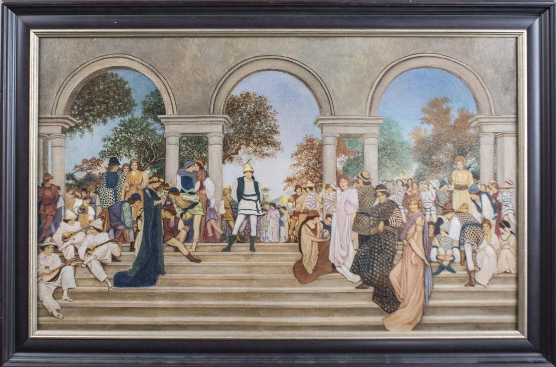Spencer Baird Nichols (American, 1875-1950): Florentine Fête (after Maxfield Parrish). Oil on canvas mounted on board, 1921. Signed and dated (l.r.). Sight size 21 1/2 x 35 1/4 inches. Framed. Exhibition History: Cornish Colony Museum, Windsor