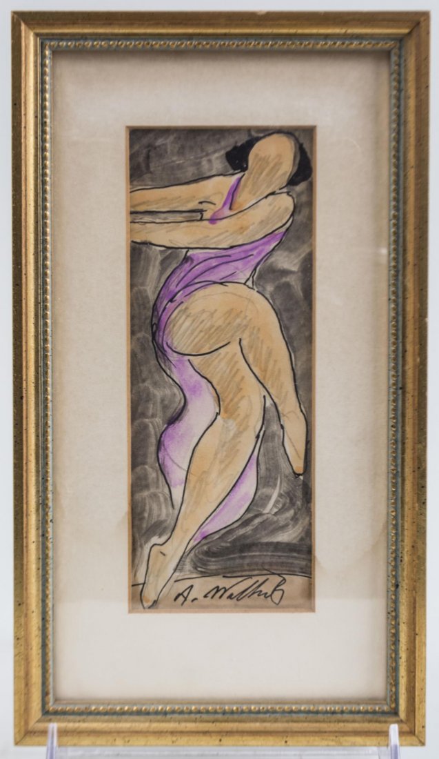 Abraham Walkowitz (American, 1878-1965): Isadora Duncan. Ink and watercolor on paper. Signed (l.c.). Sight size 6 3/4 x 2 1/2 inches. Matted and framed. Notice to bidders: Condition reports and additional photographs are provided by request