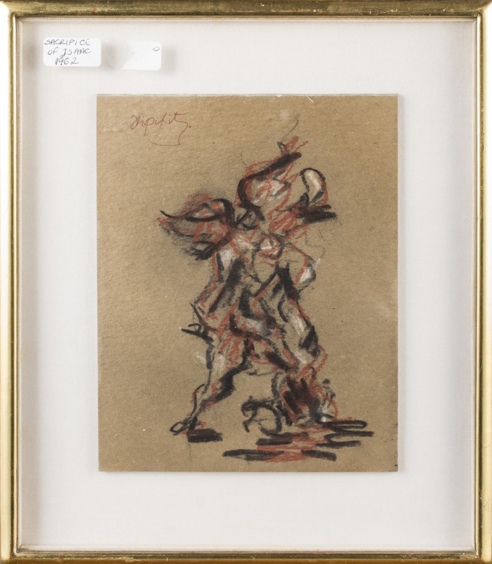Jacques Lipchitz (French, 1891-1973): Study or Sacrifice of Isaac. Charcoal and crayon on brown paper, 1962. Signed (u.l.). Sight size 9 3/4 x 7 7/8 inches. Matted and framed. Provenance: From the Collection of Helena and Ladislas Segy. N