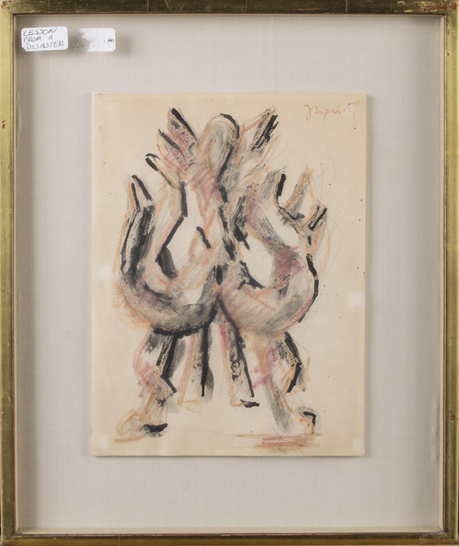 Jacques Lipchitz (French, 1891-1973): Lesson from a Disaster. Black, red and orange ink on paper, 1952. Signed (u.r.). Sight size 12 x 9 inches. Matted and framed. Provenance: From the Collection of Helena and Ladislas Segy. Notice to bid