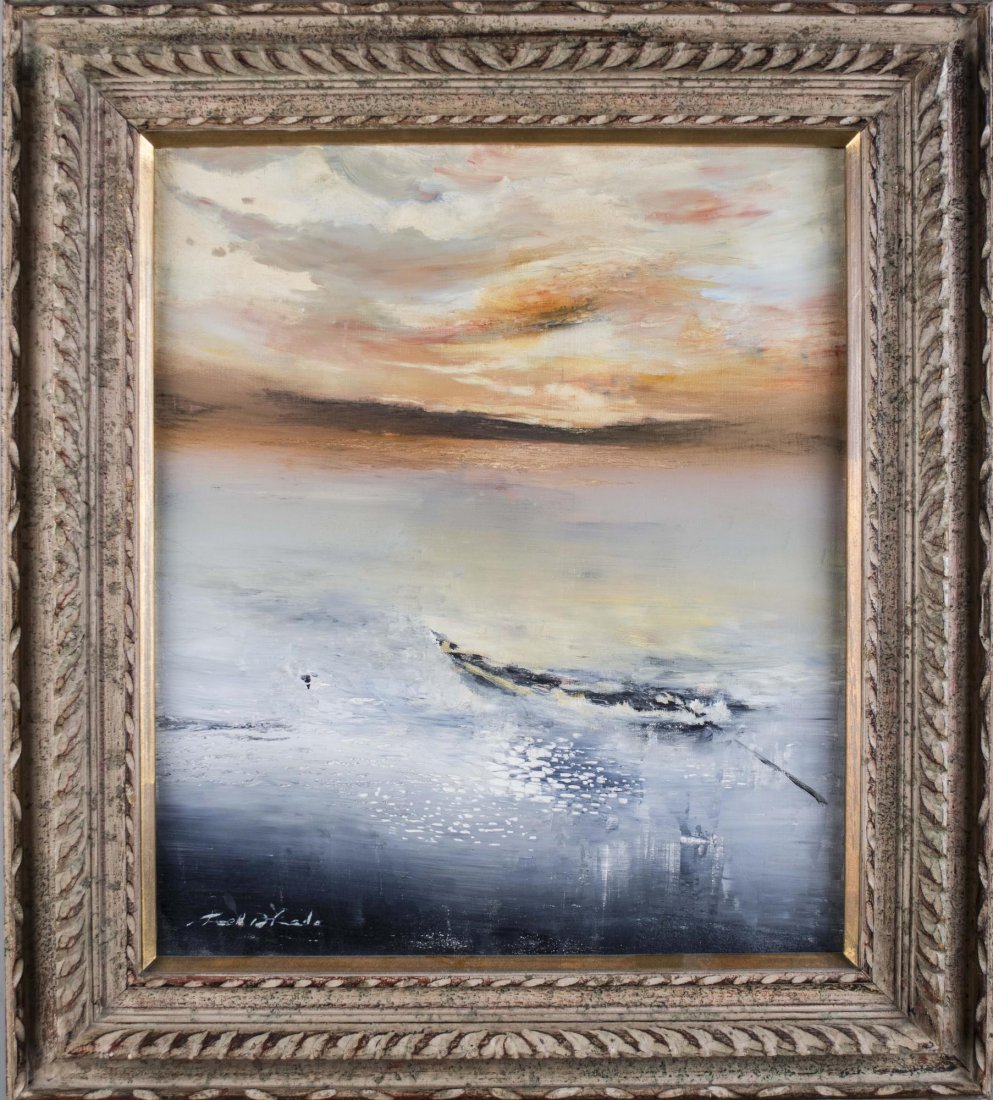 Koen Okada (Japanese, b. 1919): Floating in Sunset. Oil on canvas, 1968. Signed (l.r.), titled and dated (verso). Canvas size 21 x 18 inches. Framed. Notice to bidders: Condition reports and additional photographs are provided by re