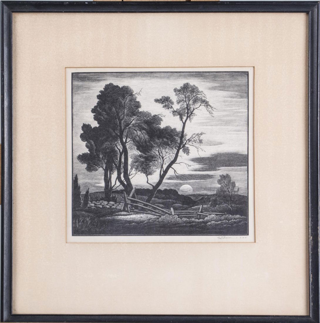 Thomas Nason (American, 1889-1971): Near Lyme, Sunset. Woodcut, 1944. Signed and dated (l.r.). Sight size 7 1/2 x 8 inches. Matted and framed. Notice to bidders: Condition reports and additional photographs are provided by request as a
