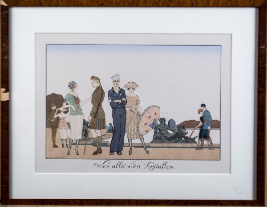 George Barbier (France, 1882-1932): Les Allies a Versailles from Le Bonheur du Jour ou, les Graces à la Mode. Etching and pochoir on paper, 1920, published by Henri Reidel. Signed and dated in plate (l.l.). Sight size 10 x 14 inches. M