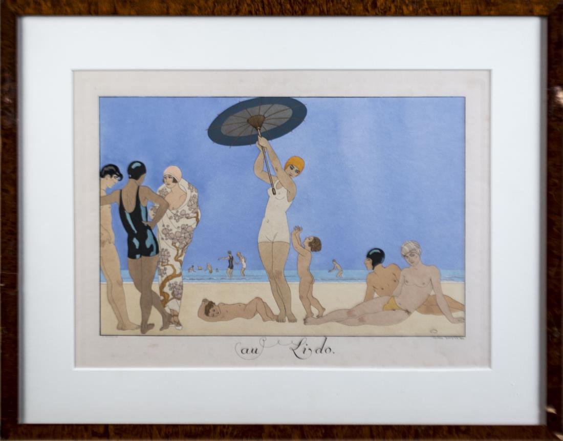 George Barbier (France, 1882-1932): Au Lido from Le Bonheur du Jour ou, les Graces à la Mode. Etching and pochoir on paper, 1924, published by Henri Reidel. Signed and dated in plated (l.r.). Sight size 10 x 14 inches. Matted and frame