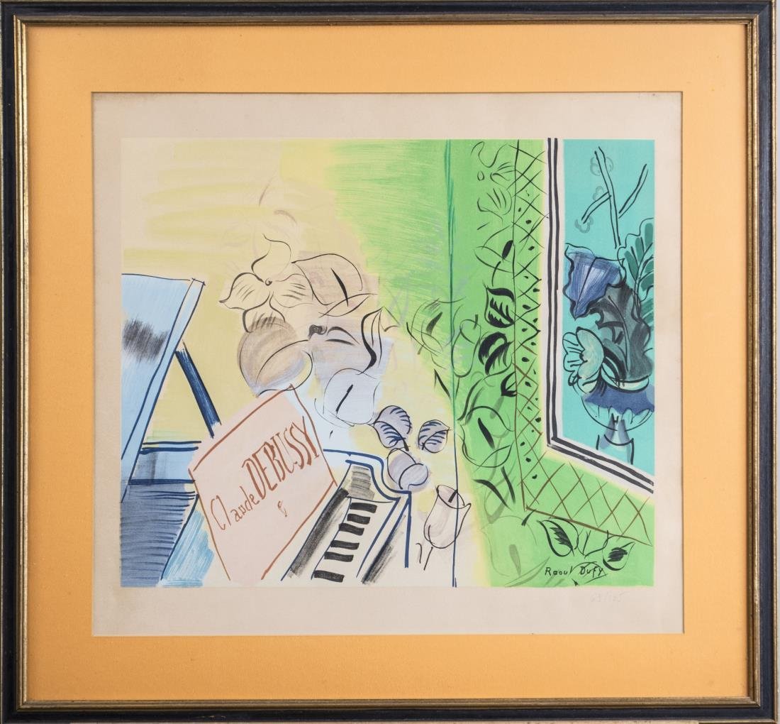 Raoul Dufy (French, 1877-1953): Homage to Claude Debussy. Color lithograph, 1952. Signed in plate and numbered in pencil 63/175 (l.r.). Image size 15 7/8 x 18 3/4 inches. Matted and framed. Notice to bidders: Condition reports and a