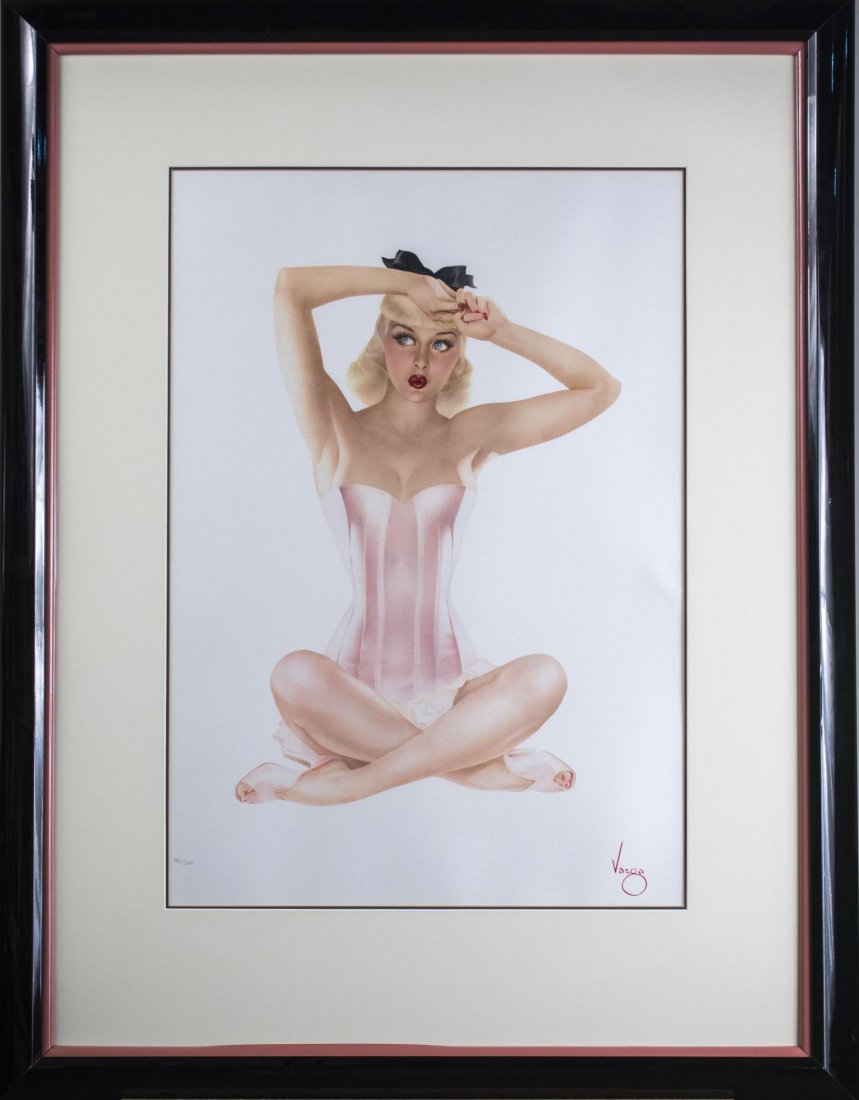 After Alberto Vargas (American, 1896-1982): Satin Doll. Color lithograph on Odalisque paper, 1988. Signed in print (l.r.), numbered 86/200 (l.l.). Sight size 26 1/2 x 18 1/2 inches. Matted and framed. Notice to bidders: Condition reports and ad