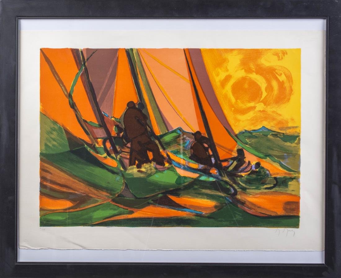 Marcel Mouly (French, 1918-2008) *: Yachtsman at Sunset. Color lithograph. Signed (l.r.), numbered 4/220 (l.l.). Sheet size 21 1/4 x 30 inches. Framed. Notice to bidders: Condition reports and additional photographs are provided by requ