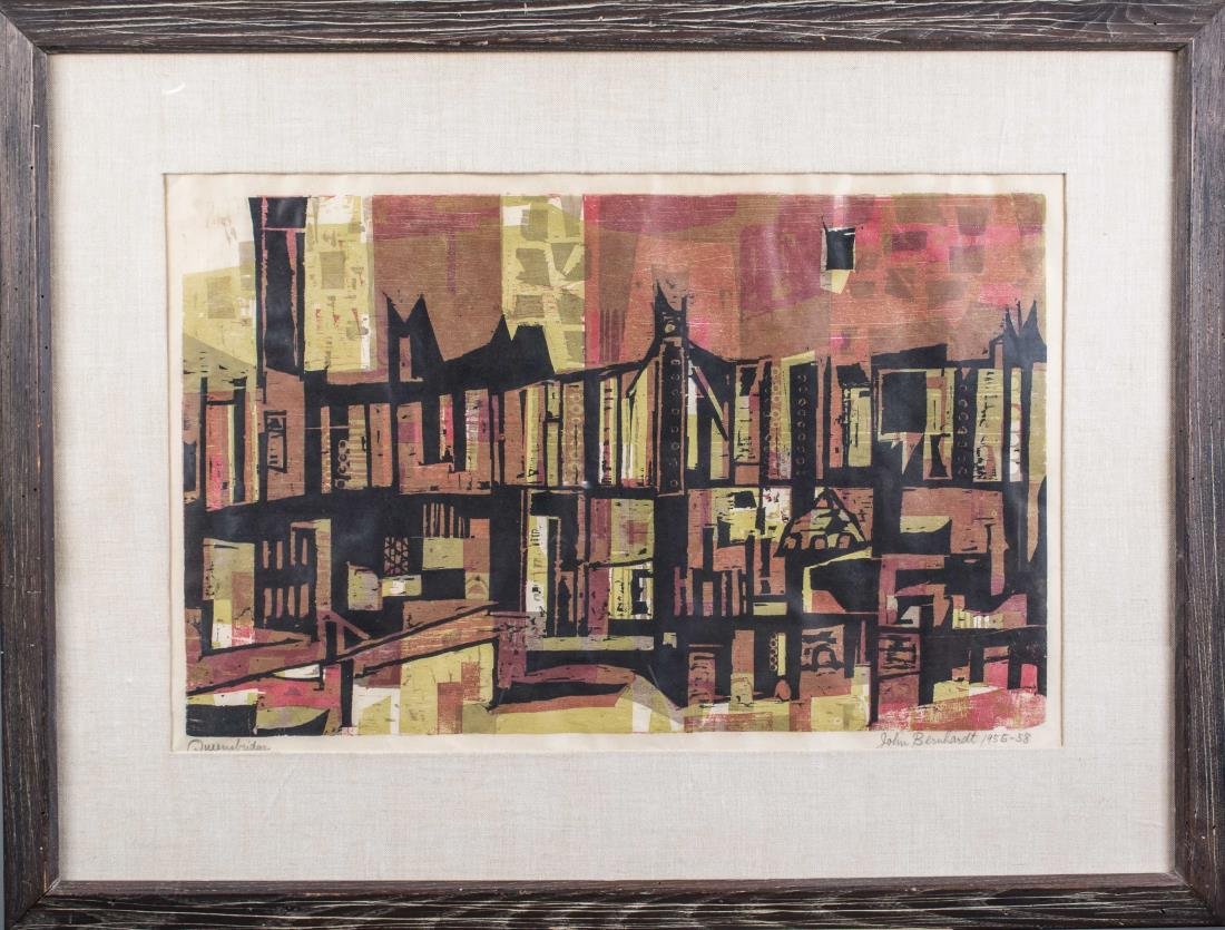 John Bernhardt (American, 1921-1963): Queensbridge. Color woodcut, 1956-8. Signed and dated (l.r.), titled (l.l.). Sight size 18 1/2 x 29 inches. Matted and framed. Notice to bidders: Condition reports and additional photographs are provi