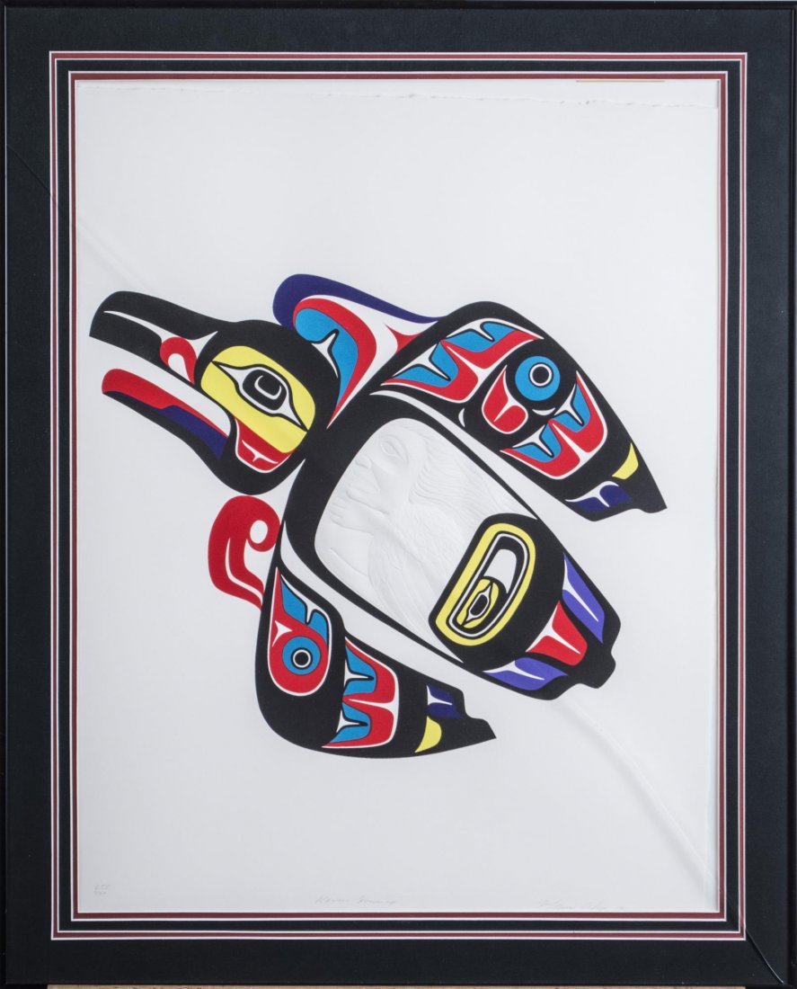 Marvin Oliver (Native American, b. 1946): Ravens Journey. Embossed serigraph on paper. Signed (l.r.), titled (l.c.), numbered 255/449 (l.l.). Sight size 26 1/4 x 20 inches. Matted and framed. Notice to bidders: Condition reports and additiona