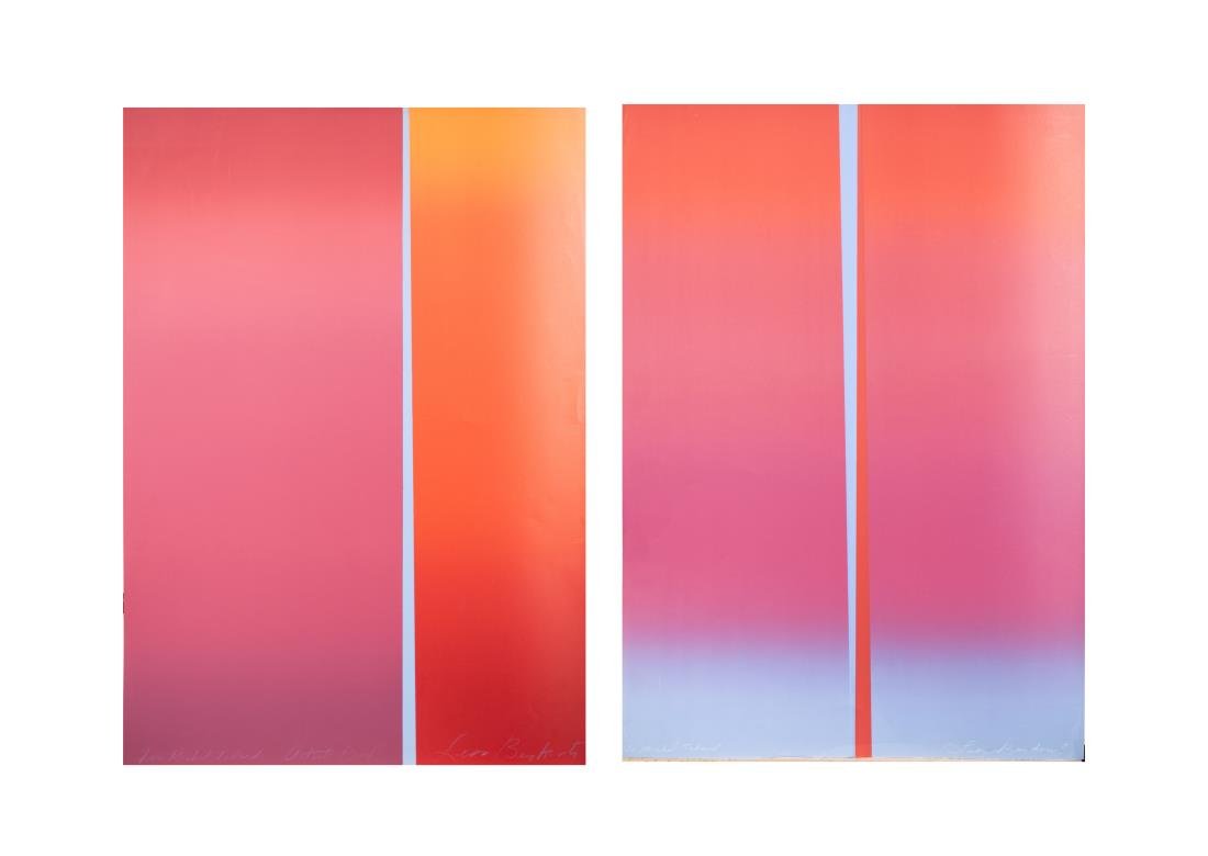 Two by Leon Bertfist (American, 20th Century): Untitled. Color screen print on paper. Each signed (l.r.), dedicated (l.l.). Each sheet size 30 x 23 3/4 inches. Unframed. Notice to bidders: Condition reports and additional photographs are provided 