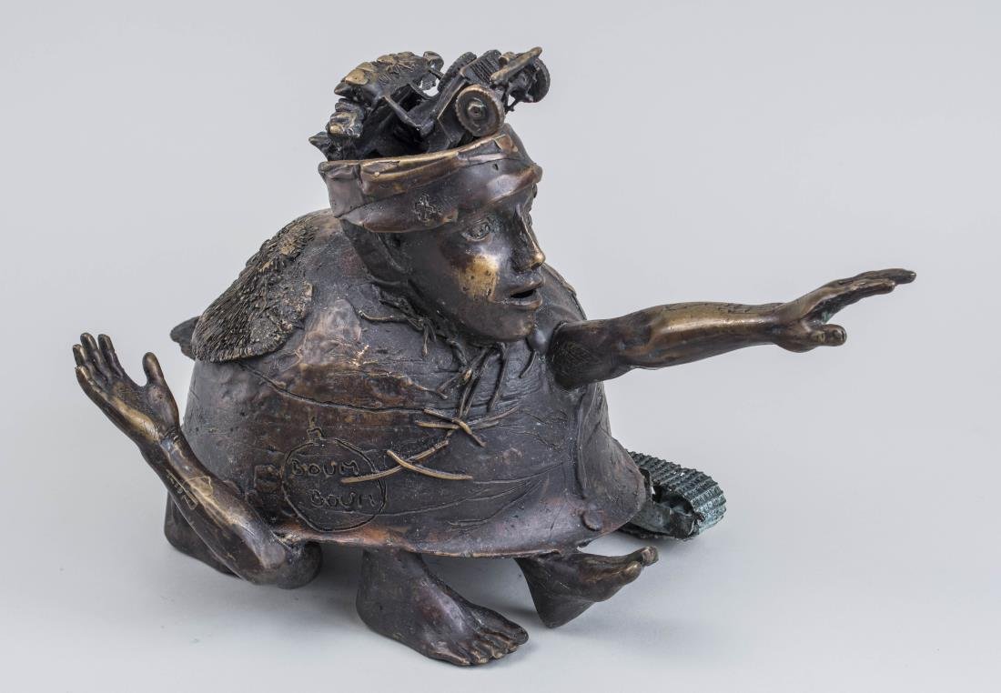 Marcel Taton (Belgian, b. 1957): Man tank. Patinated bronze. Signed and numbered 1/1. Height 7 inches. Notice to bidders: Condition reports and additional photographs are provided by request as a courtesy to our clients, as such any 
