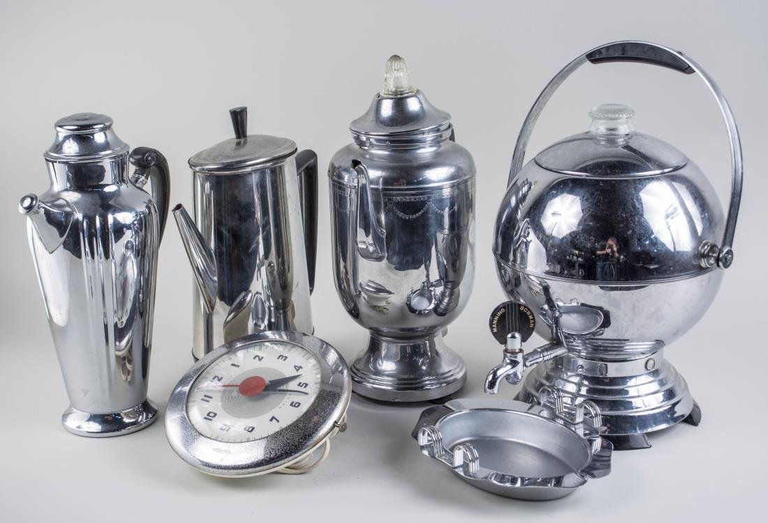 Chrome Table Articles: Including a shaker, teapots, samovar, etc. Various sizes. Notice to bidders: Condition reports and additional photographs are provided by request as a courtesy to our clients, as such any condition re