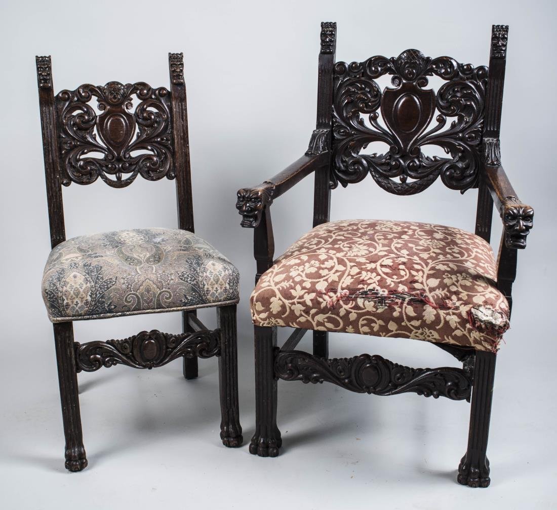 Two Carved Wood Chairs: One armchair and one side chair each with openwork back and upholstered seat. Height 42 inches, width 27 inches, depth 21 inches. Notice to bidders: Condition reports and additional photographs are pr