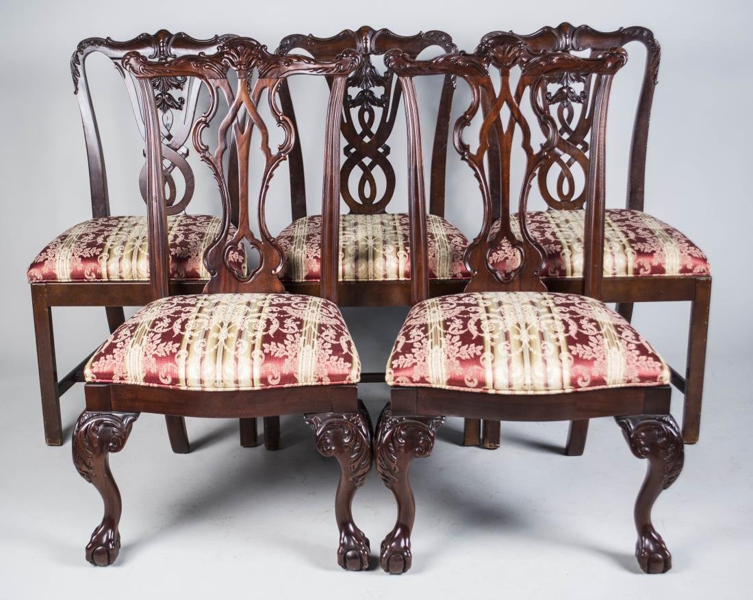 Set of Five Chippendale Style Dining Chairs: Ribbon back side chairs with silk damask upholstered seats. Height 38 inches, width 21 inches, depth 21 inches. Notice to bidders: Condition reports and additional photographs are provided by request 