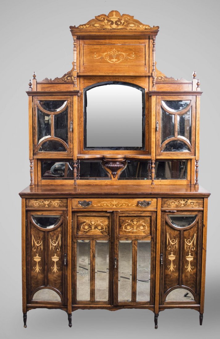 Edwardian Style Cabinet: Mirror backed multi-tiered cabinet inlaid neoclassical decoration of swags and urns, Height 7 feet 2 inches, width 54 inches, depth 16 inches. Notice to bidders: Condition reports and additional photo