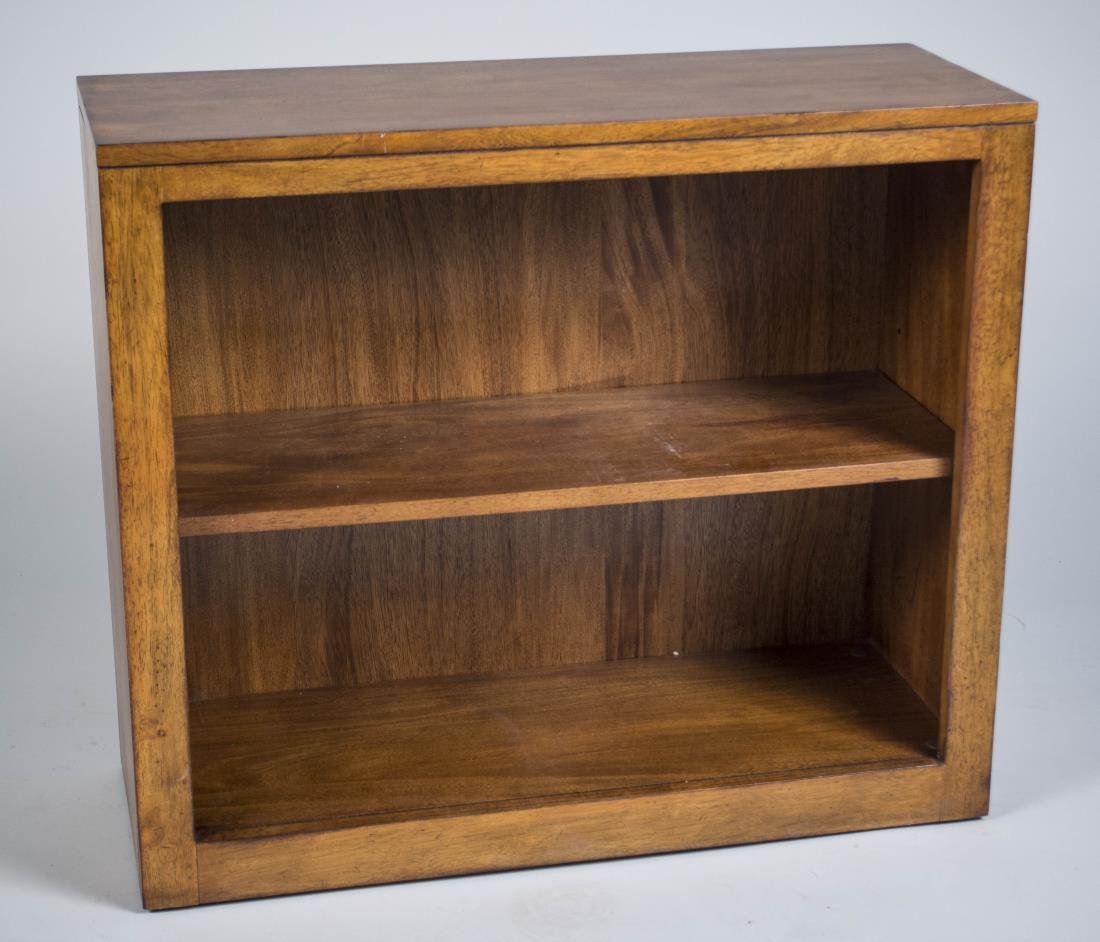 Ethan Allen Open Bookcase: Two open shelves. Height 28 inches, width 32 inches, depth 32 inches. Notice to bidders: Condition reports and additional photographs are provided by request as a courtesy to our clients, as such any