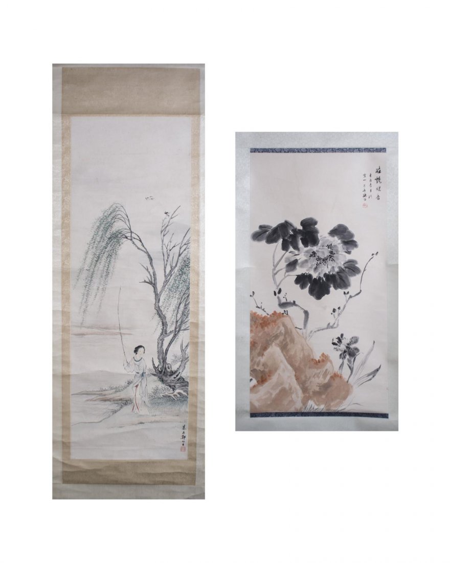 Two Chinese Scroll Paintings: One depicting floral scene, the other depicting woman fishing under tree. Ink on paper. Larger overall 64 x 24 inches. Each on rollers. Notice to bidders: Condition reports and additional photographs 
