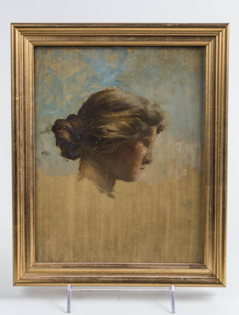 Continental School (Early 20th Century): Heady study. Oil on board. Sight size 10 x 7 7/8 inches. Framed. Notice to bidders: Condition reports and additional photographs are provided by request as a courtesy to our clients, as such any condi