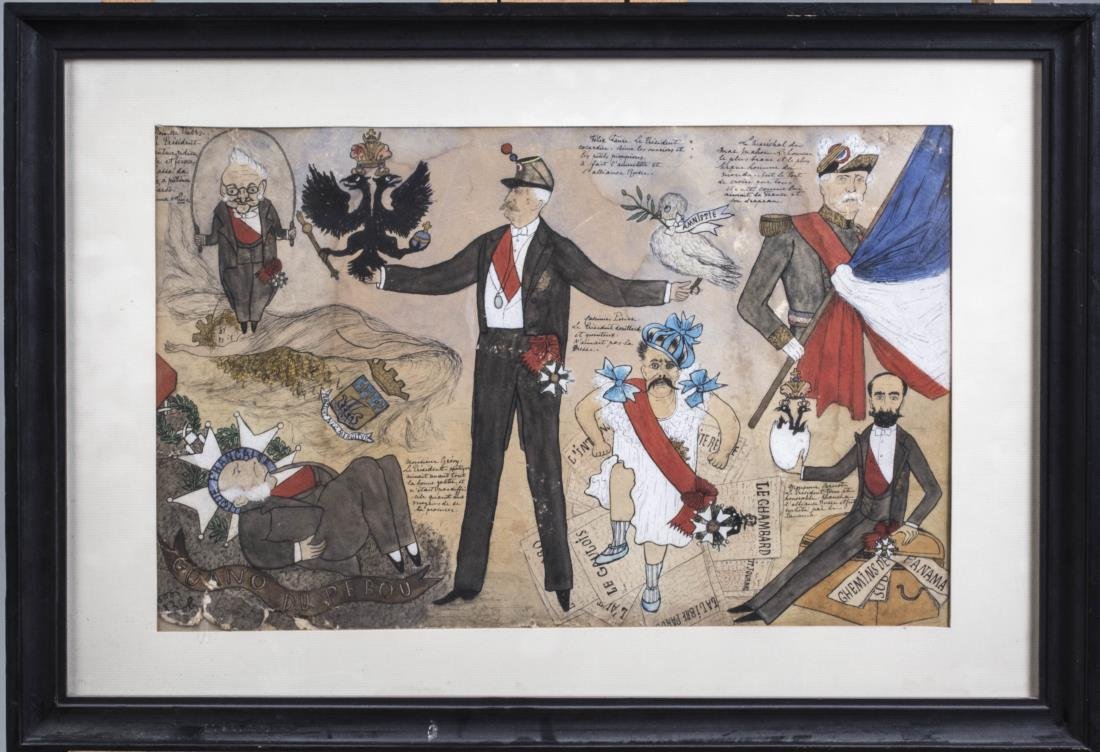 Continental School (20th Century): Caricatures of world leaders. Ink and watercolor on paper. Sight size 11 x 17 1/4 inches. Framed. Notice to bidders: Condition reports and additional photographs are provided by request as a courtesy 