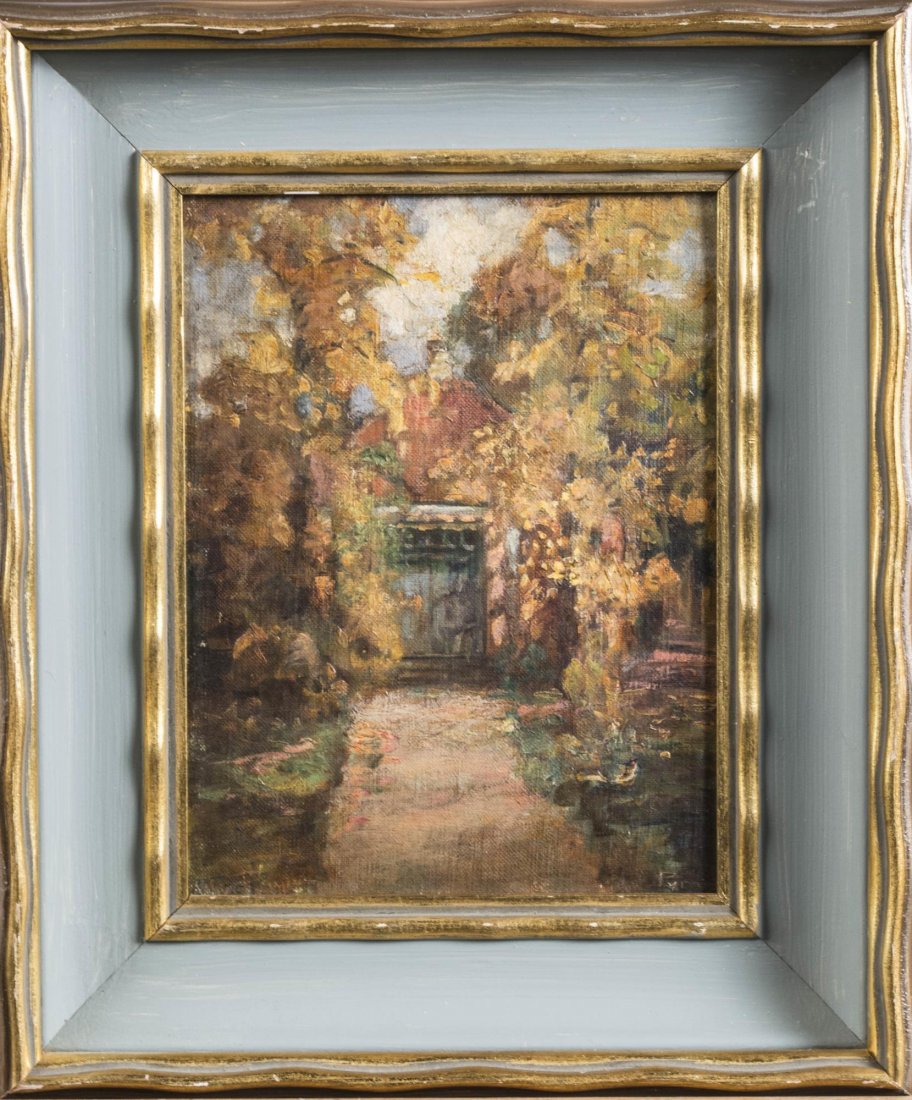 Continental School (20th Century): Pathway to a Door. Oil on canvas mounted to board. Illegibly inscribed (l.r.). Sight size 8 x 6 inches. Framed. Notice to bidders: Condition reports and additional photographs are provided by request 