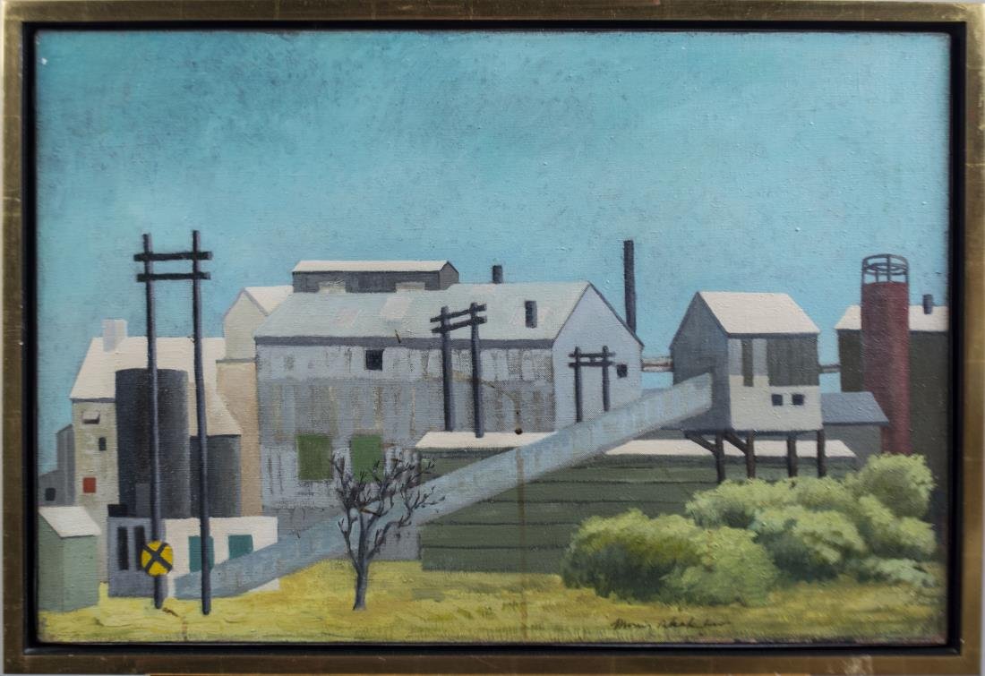 Morris Blackburn (American, 1902-1979): Farm Factory. Oil on canvas. Signed (l.r.). Canvas size 20 x 30 inches. Framed. Notice to bidders: Condition reports and additional photographs are provided by request as a courtesy to our clients, as