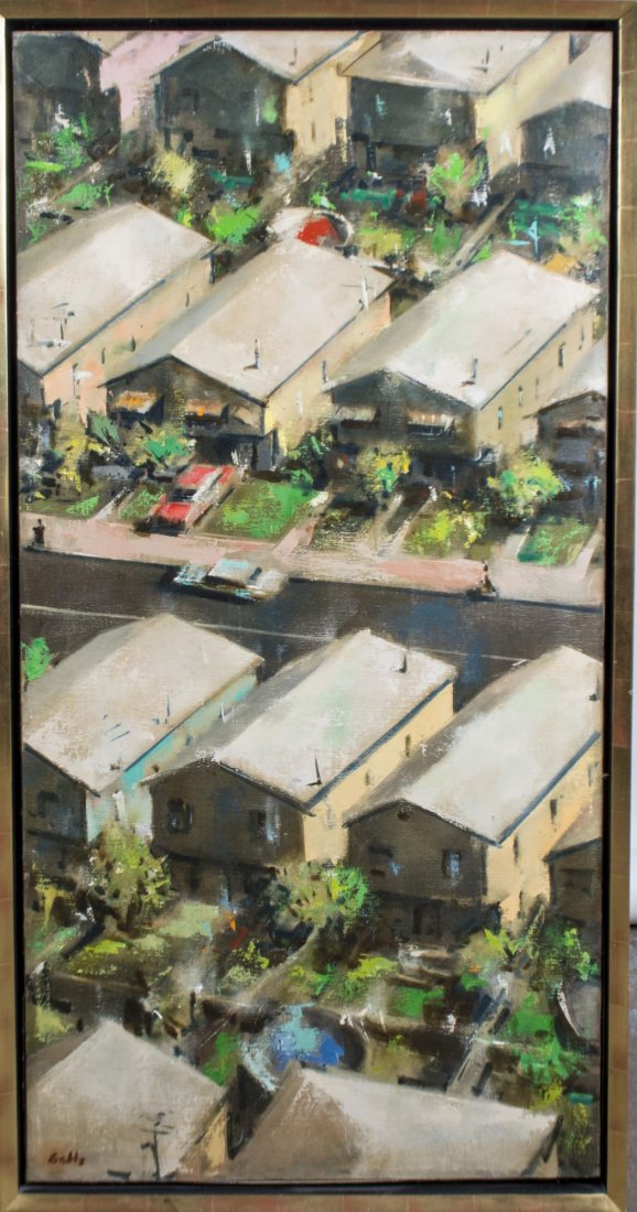 John Barnes Dobbs (American, 1931-2011): Suburban scene. Oil on canvas. Signed (l.l.). Canvas size 56 1/2 x 28 1/2 inches. Framed. Notice to bidders: Condition reports and additional photographs are provided by request as a courtesy to our c
