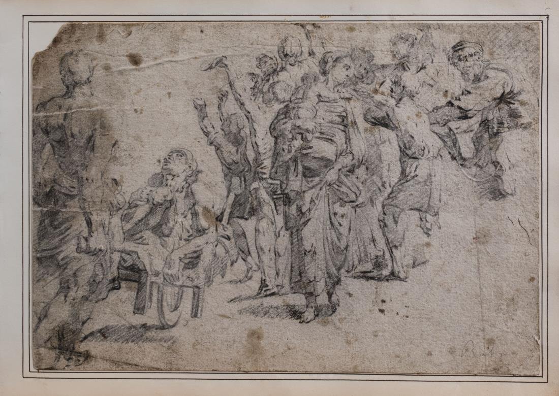 Continental School (18th Century): Group figure study. Pencil on paper. Signed illegibly (l.r.). Sheet size 8 x 11 3/4 inches. Mounted to paper. Notice to bidders: Condition reports and additional photographs are provided by request as