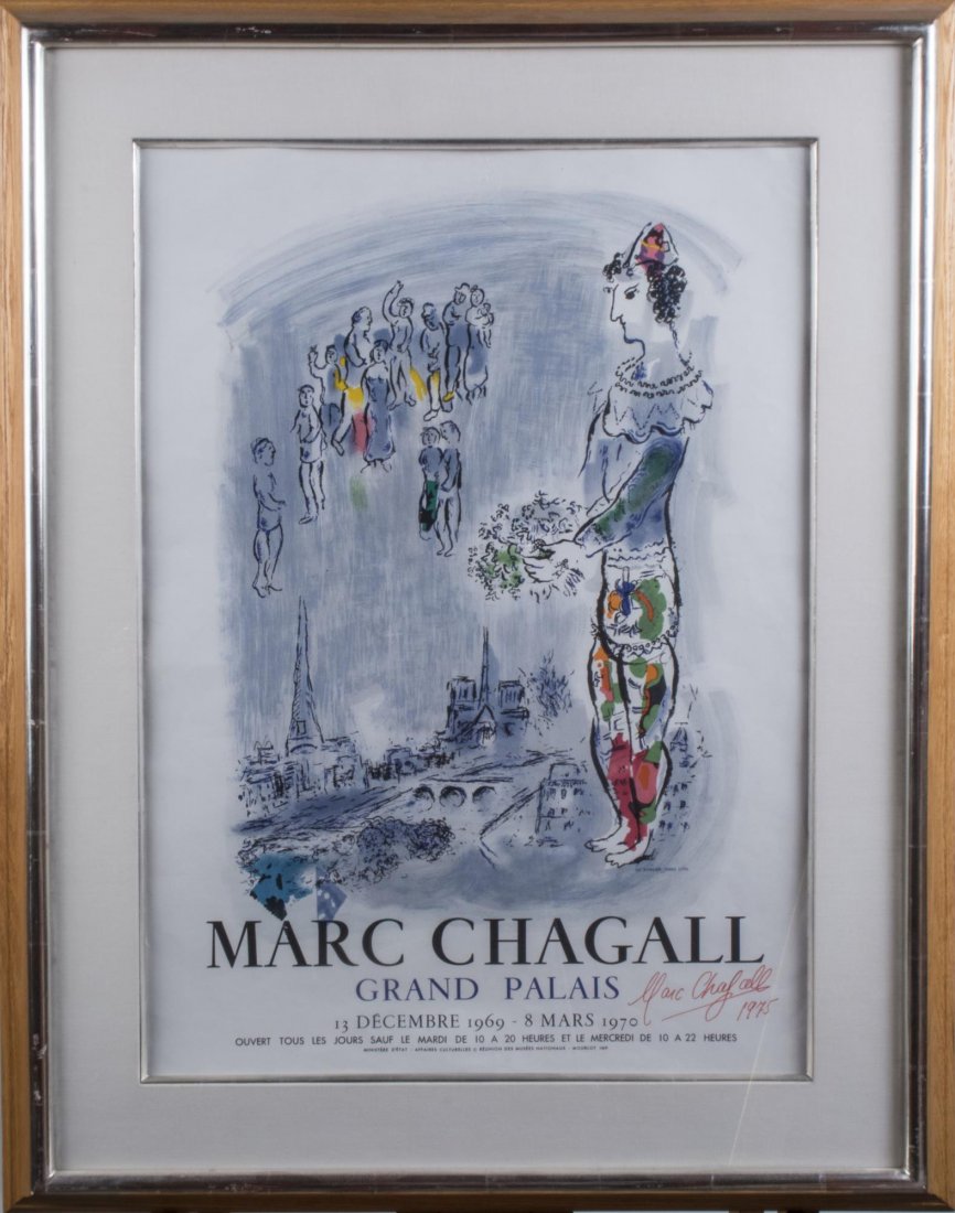 Marc Chagall (French/Russian, 1887-1985): Le Magicien de Paris, Grand Palais. Color lithograph. 1970. Signed and dated 1975 (l.r.). Sight size 27 x 19 1/2 inches. Matted and framed. Notice to bidders: Condition reports and additional photogra