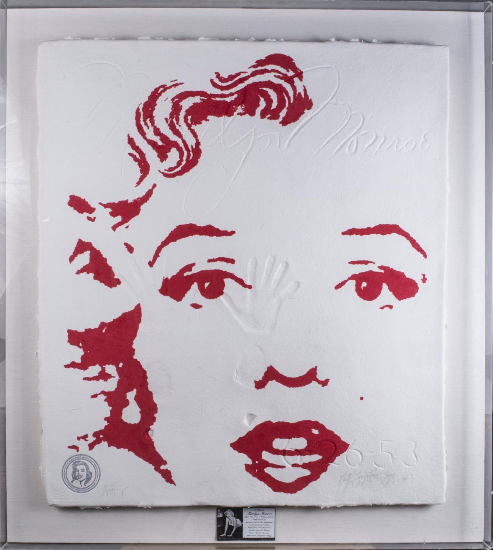 Brett-Livingstone Strong (Australian, b. 1953): Tribute to Marilyn Monroe (Red edition). Serigraph on cast hand made paper. Signed in pencil (l.r.), numbered 11/175 (l.r.). Sheet size 40 x 35 1/2 inches. Mounted in a shadow box frame. Notice to bid