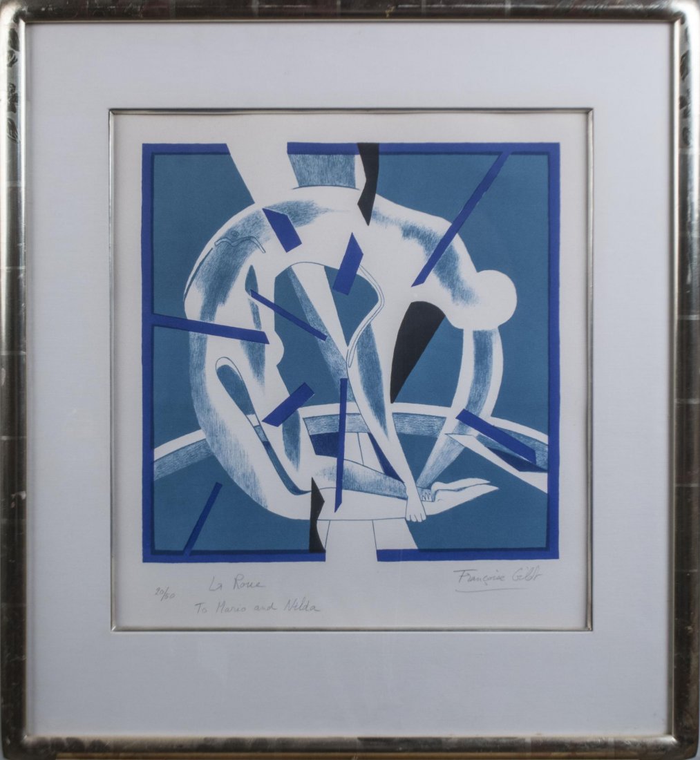 Francoise Gilot (French, b. 1921): La Roue. Color lithograph. Signed (l.r.), numbered 20/50 and dedicated (l.l.). Sight size 19 1/2 x 17 3/4 inches. Matted and framed. Notice to bidders: Condition reports and additional photographs are