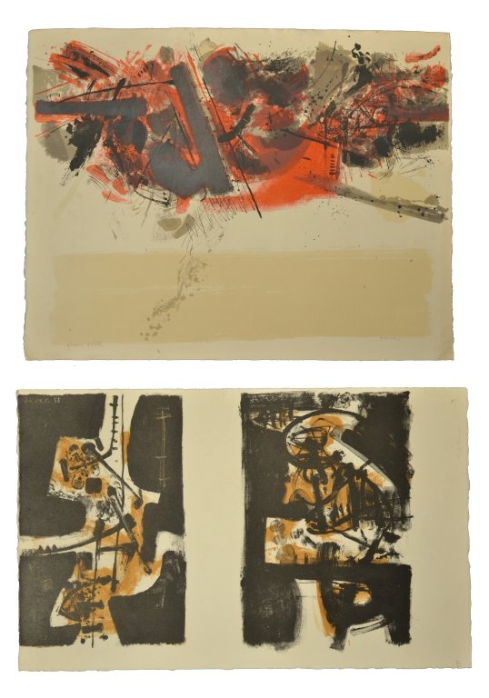 John Harrison Levee (American, b. 1924): (1) Black and gold abstract. Lithograph on paper, 1955. Signed and dated in pate (u.l.). Sheet size 11 x 18 inches. Unframed. (2) Black and red abstract. Lithograph on paper. Signed in pencil (l.r.),