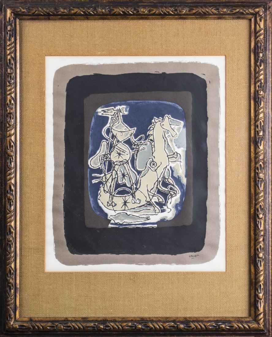 After George Braque (French, 1882-1963): Helios V. Color lithograph. Signed in plate (l.r.). Sight size 20 x 16 3/4 inches. Matted and framed. Notice to bidders: Condition reports and additional photographs are provided by request as a court