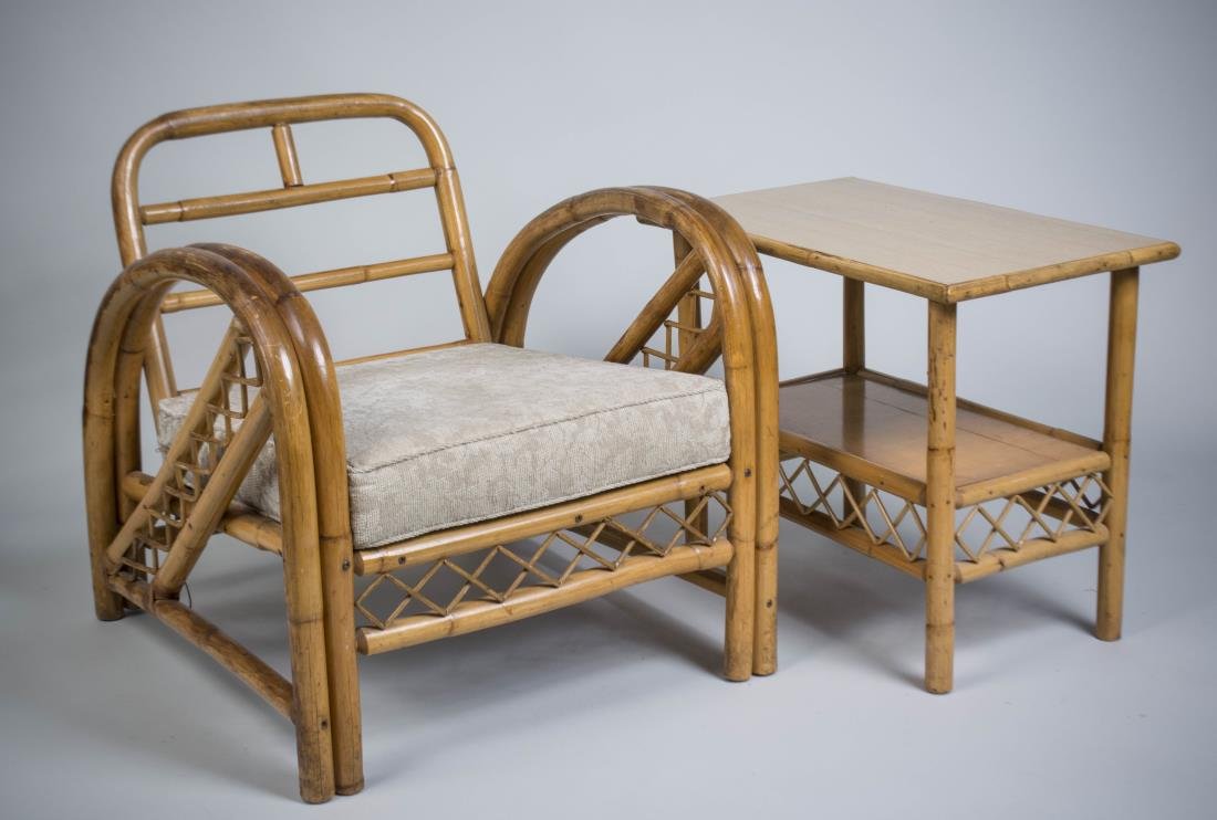 Rattan Chair and side table: Chair height 28 inches, width 28 inches, depth 30 inches. Table height 22 inches, width 27 inches, depth 16 inches. Notice to bidders: Condition reports and additional photographs are provided by requ