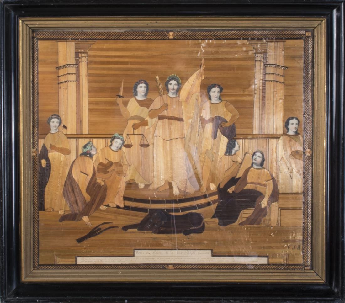 French Straw Marquetry Picture: Depicting liberty and emblematic of industry. Signed (l.r.) F.J.B. Sight size 24 3/4 x 28 7/8 inches. Framed. Notice to bidders: Condition reports and additional photographs are provided by request as