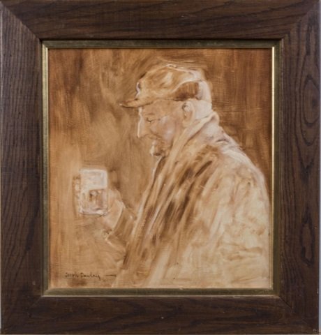 Joseph Dawley (American, 1936-2008): Man drinking a beer. Oil on masonite. Signed (l.l.). Sight size 15 1/2 x 14 inches. Framed. Notice to bidders: Condition reports and additional photographs are provided by request as a courtesy to our