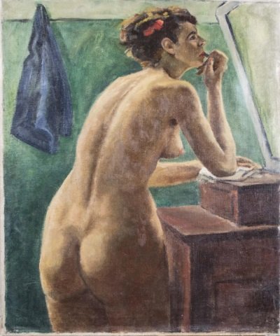 WPA School (20th Century): Nude putting on lipstick. Oil on canvas. Unsigned. Canvas size 30 x 25 inches. Unframed. Notice to bidders: Condition reports and additional photographs are provided by request as a courtesy to our cl