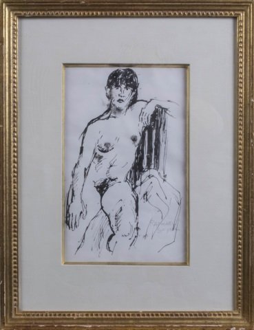 Raphael Soyer (American, 1899-1987): Nude Study. Ink on paper. Signed (l.r.). Matted and framed. Notice to bidders: Condition reports and additional photographs are provided by request as a courtesy to our clients, as such any condition