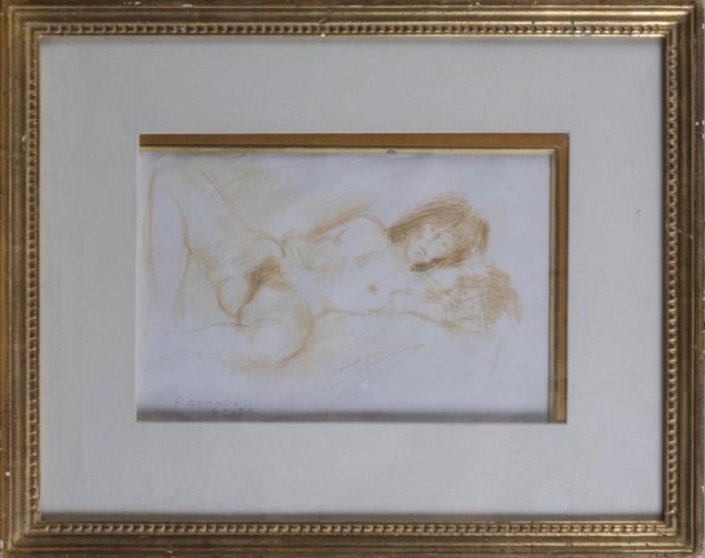 Raphael Soyer (American, 1899-1987): Lounging Nude. Sanguine and wash on paper. Signed (l.l.). Matted and framed. Notice to bidders: Condition reports and additional photographs are provided by request as a courtesy to our clients, as su