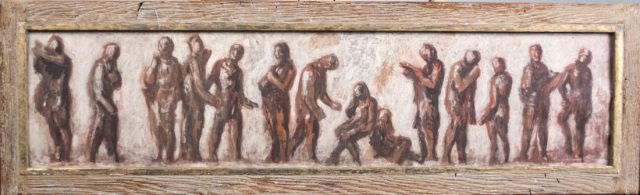 Maurice Golubov (Russian/American, 1905-1987): Figures. Oil on paper. Signed. Sight size 10 1/2 x 46 1/2 inches. Framed. Notice to bidders: Condition reports and additional photographs are provided by request as a courtesy to our clients, as such