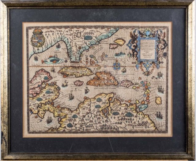 Theodor de Bry (Flemish, 1528-1598): Occidentalis Americae partis. Etching and watercolor on paper, original circa 1594. Sight size 13 1/2 x 17 1/2 inches. Matted and framed. Notice to bidders: Condition reports and additional photograph
