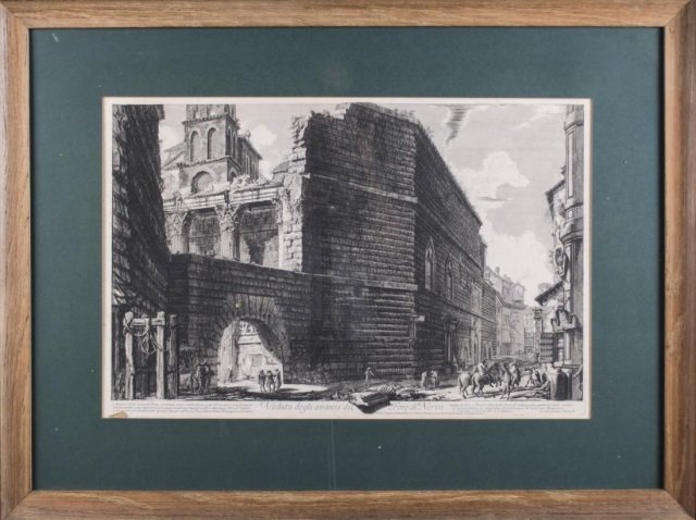 Giovanni Battista Piranesi (It, 1720-1778): Veduta degli avanzi del Foro di Nerva. Etching on laid paper. Sight size 16 x 24 1/2 inches. Matted and framed. Notice to bidders: Condition reports and additional photographs are provided by request 