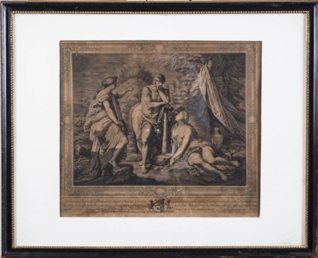Simon Gribelin (British, 1661-1733): Hercules rejects Pleasure and Chuses Virtue. Etching on paper. Sight size 11 1/4 x 13 inches. Matted and framed. Notice to bidders: Condition reports and additional photographs are provided by request
