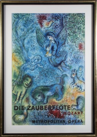After Marc Chagall (French/Russian, 1887-1985): Die Zauberflote, Mozart, Met Opera. Poster. Sight size 38 x 25 inches. Framed. Notice to bidders: Condition reports and additional photographs are provided by request as a courtesy to our clients, as 