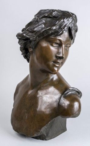 Jef Lambeaux (Belgian, 1852-1908) *: Bust of a Woman. Patinated bronze. Signed. Height 21 inches. Notice to bidders: Condition reports and additional photographs are provided by request as a courtesy to our clients, as such any condition
